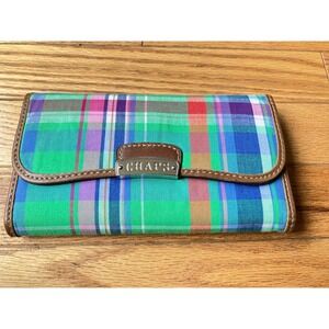 Chaps Trifold Wallet Multicolor Madras Plaid Canvas Preppy Snap Closure NWOTS